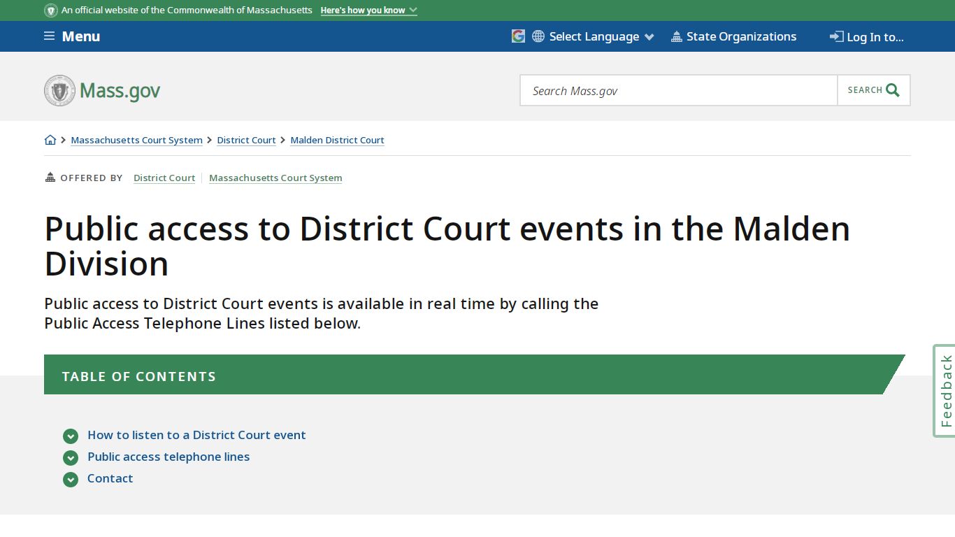 Public access to District Court events in the Malden Division